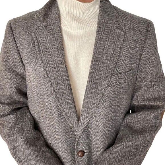 Vintage Mens PBM Gray Brown 100% Wool Chevron Suede Elbow Patch Sport Coat - Picture 2 of 9